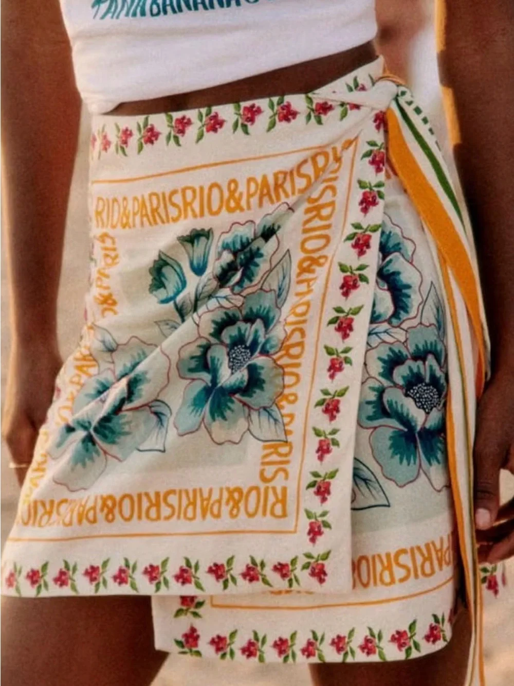 Amazon Floral Wrap Mini Skirt in Cream and Teal with Gold Accents